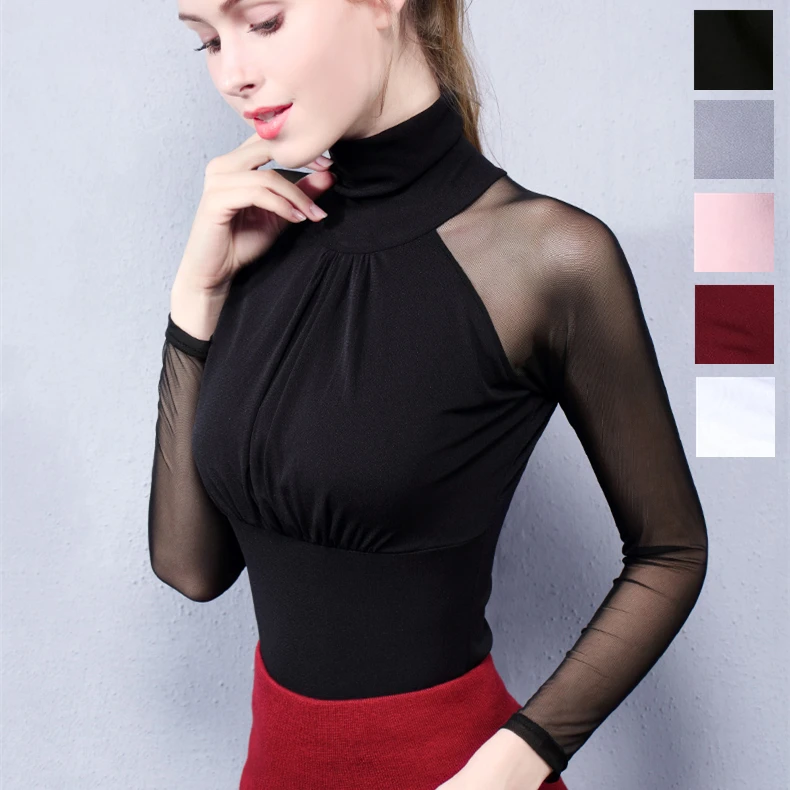 Женская блузка для бальных танцев с длинным рукавом и стандартным воротником