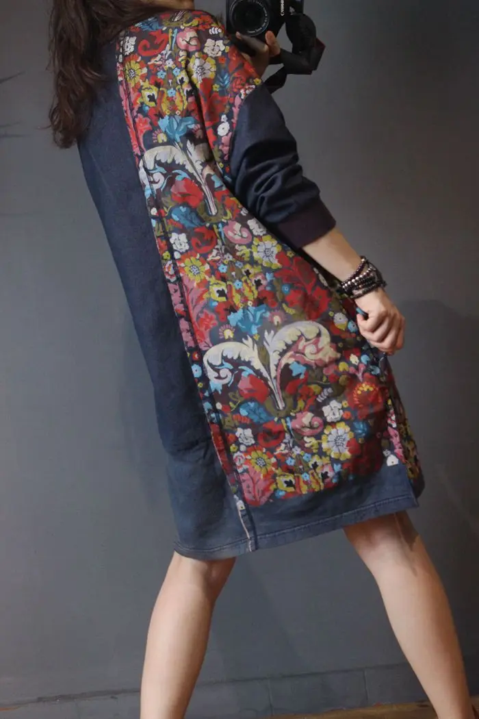 Этническая сон-трава печати лоскутное с длинным рукавом Винтаж платье свободные