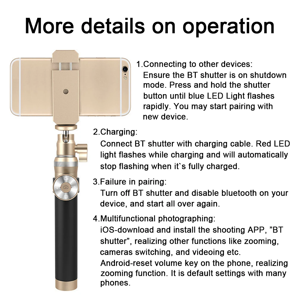 Bluetooth палка для селфи Выдвижная ручной монопод + Клип держатель затвора Пульт