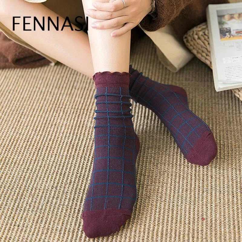 FENNASI 5 пар Харадзюку женские хлопковые носки Модные клетчатые с принтом
