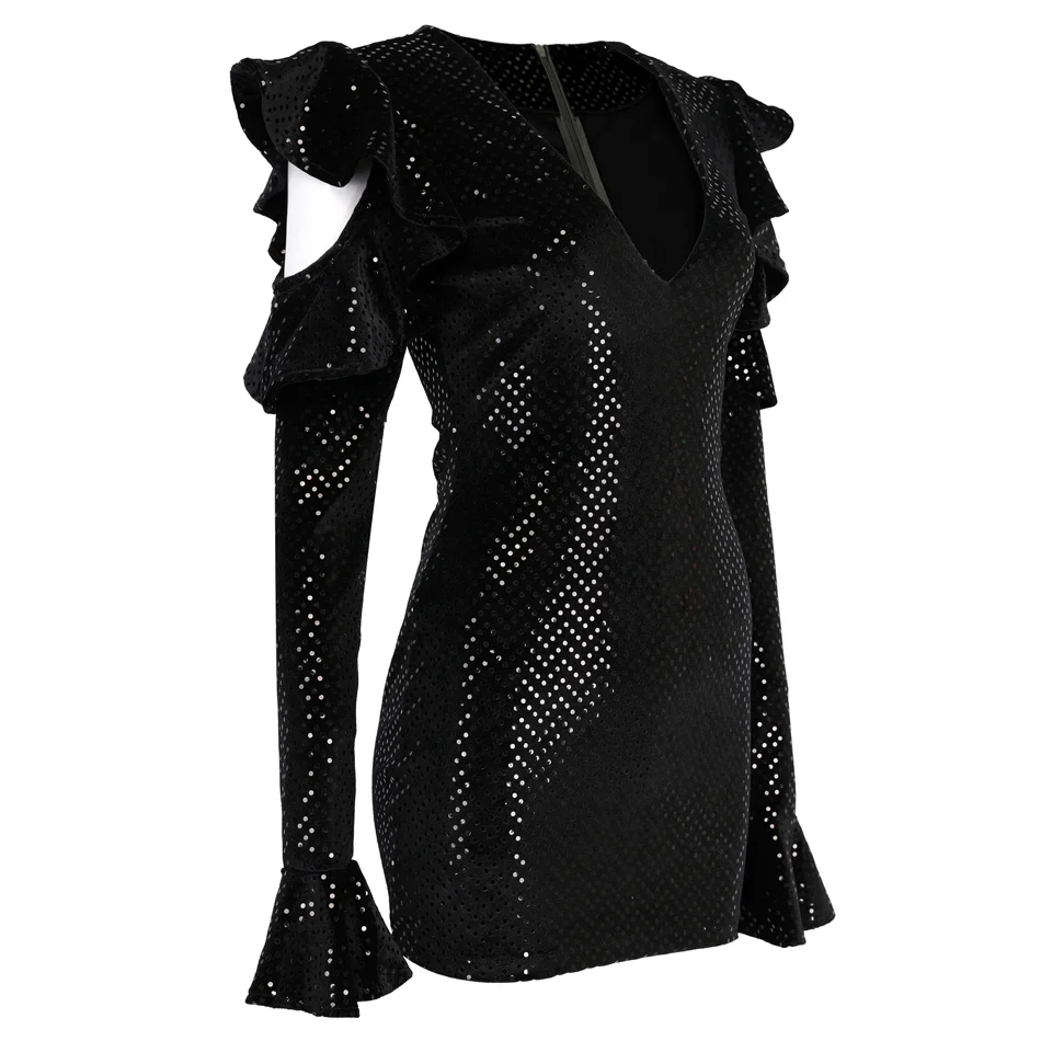 Черное платье с блестками Ladylike облегающее мини-платье оборками глубоким