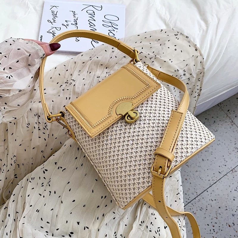 

Fashion Buckle Woven Handbags Summer Straw Beach Bag Women Simple Flap Small Shoulder Crossbody Bag Mini Knitting Top-handle Bag