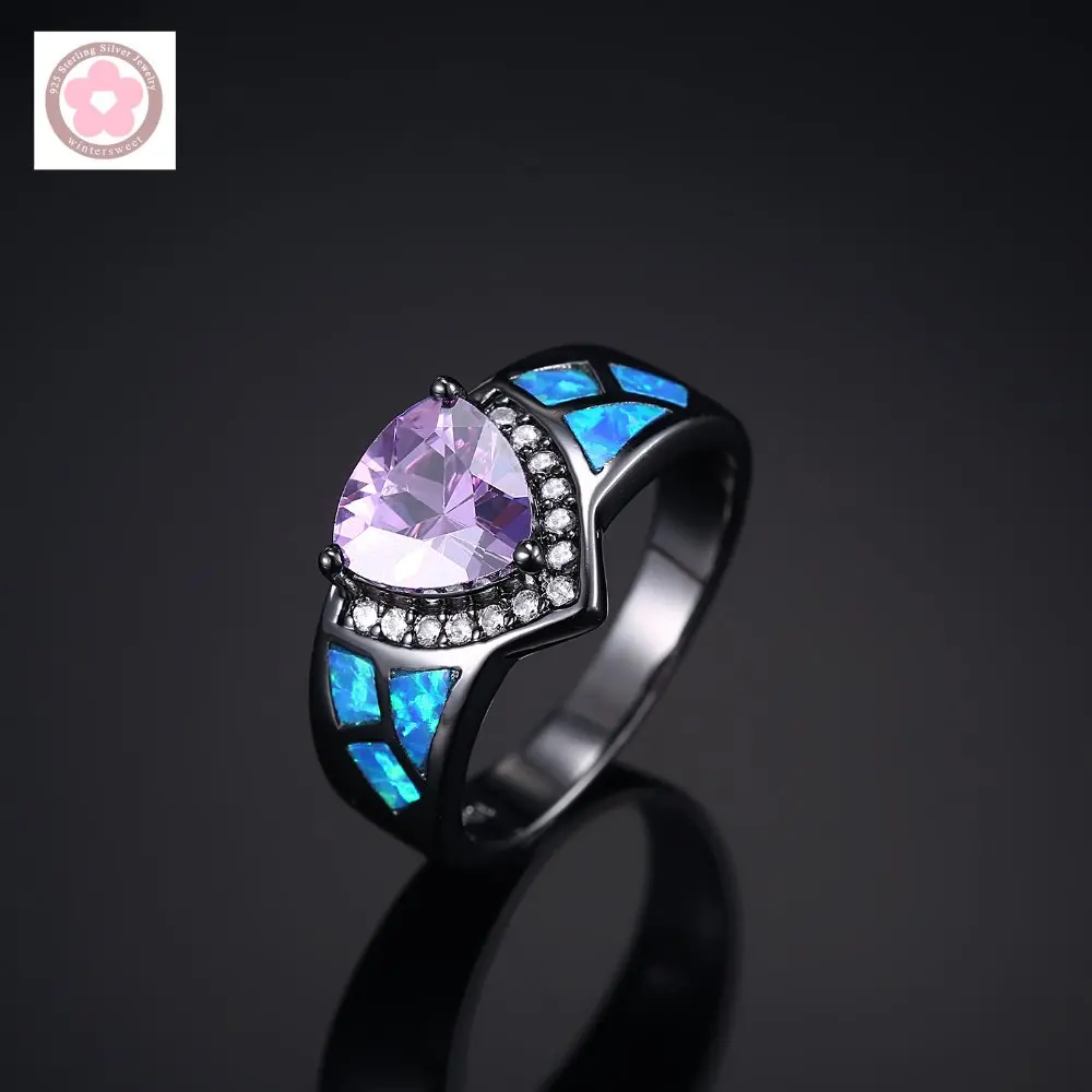 

JZ0042 Hot Sale Black Gold Filled AAA Purple Cubic Zirconia and Blue Opal Fashion Jewelry For Women Wedding Ring JZ0013