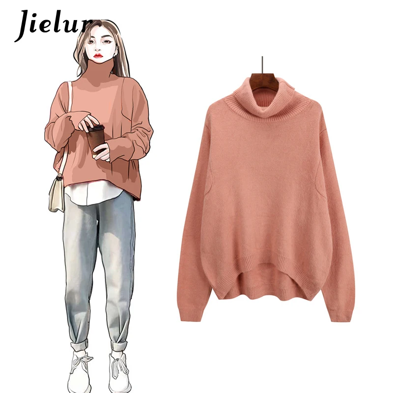 Jielur вязаный свитер Kpop Chic хаки розовый Harajuku для женщин свитеры с высоким воротом