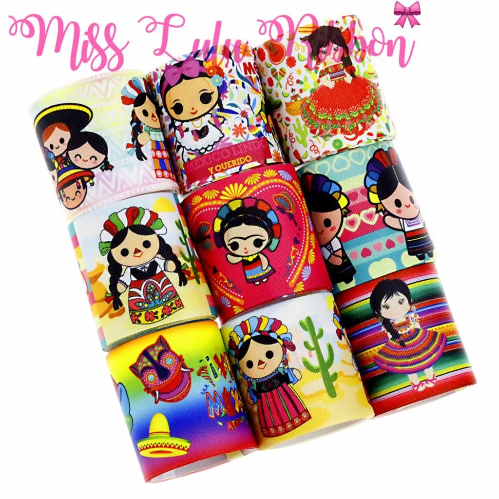 

16mm-75mm Mexico Girl Series Printed Grosgrain/Foe Ribbon Cute Cartoon DIY Mexico National Day Hair Band Making 50yards/roll