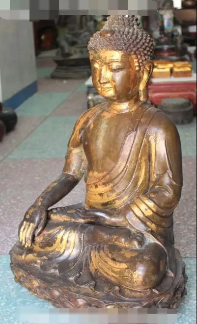 

Free shipping S00258 24" Tibet Buddhism Bronze Gilt Shakyamuni Sakyamuni On Lotus Buddha Statue