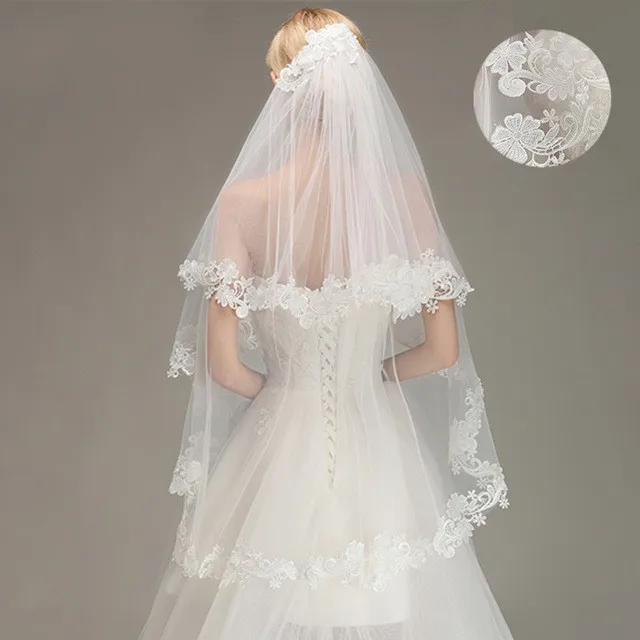 Двухслойная кружевная кромка Локоть свадебная вуаль с расческой короткая белого