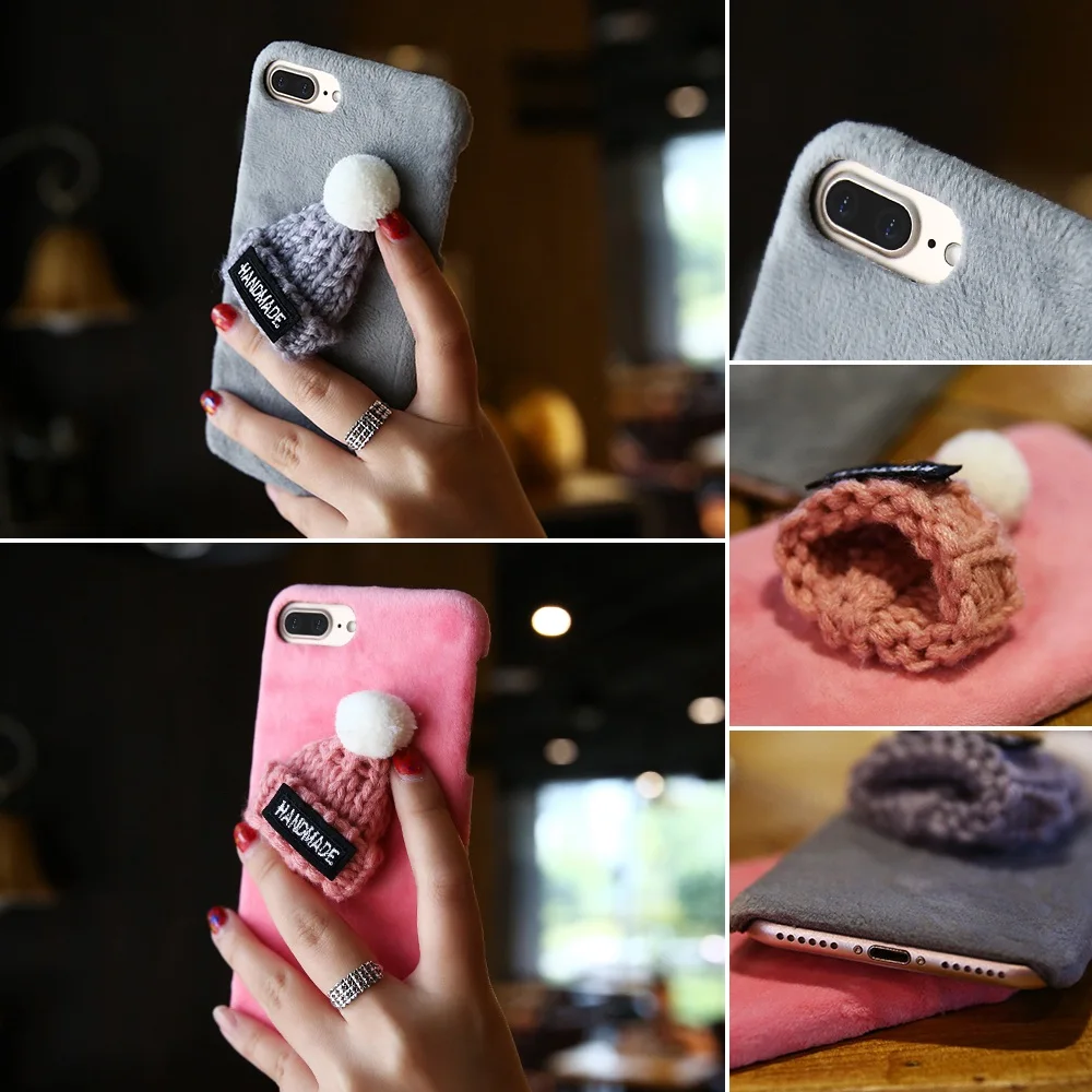 Kisscase Плюшевая обложка для iPhone 6 6S 7 8 Plus 5S SE Смазливая вязаная шляпа Плюшевые чехлы 5