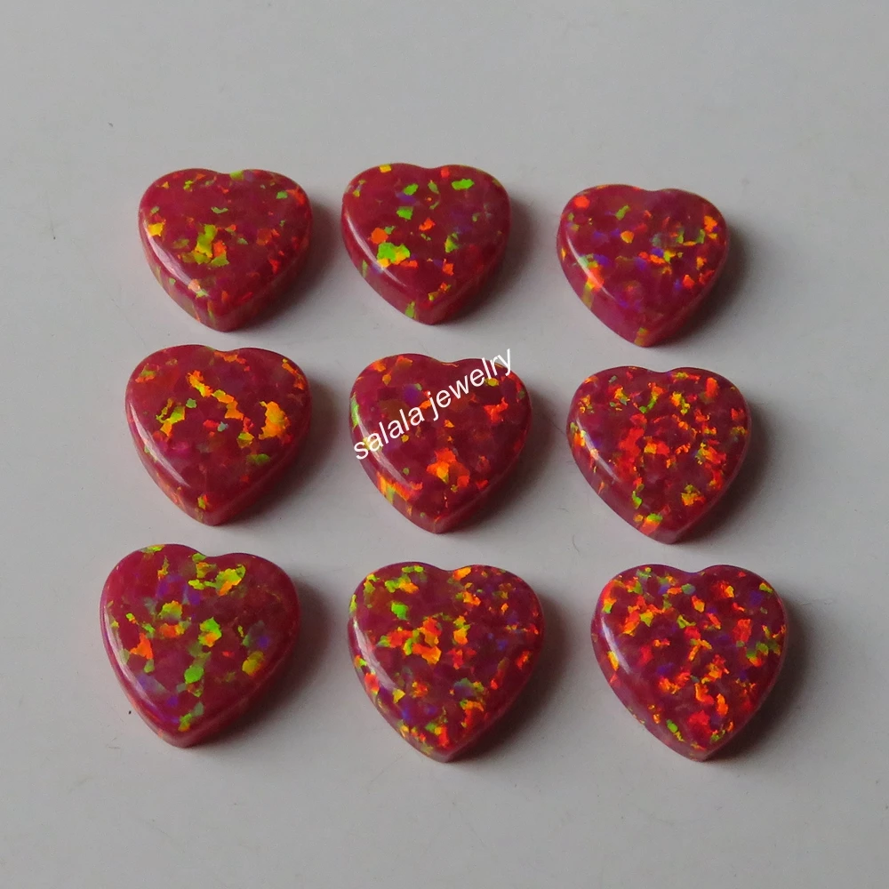 

50pcs /lot 10mm Heart Opal OP45 Heart Fire Opal synthetic full Drilled red heart Cabochon Opal for DIYT Necklace