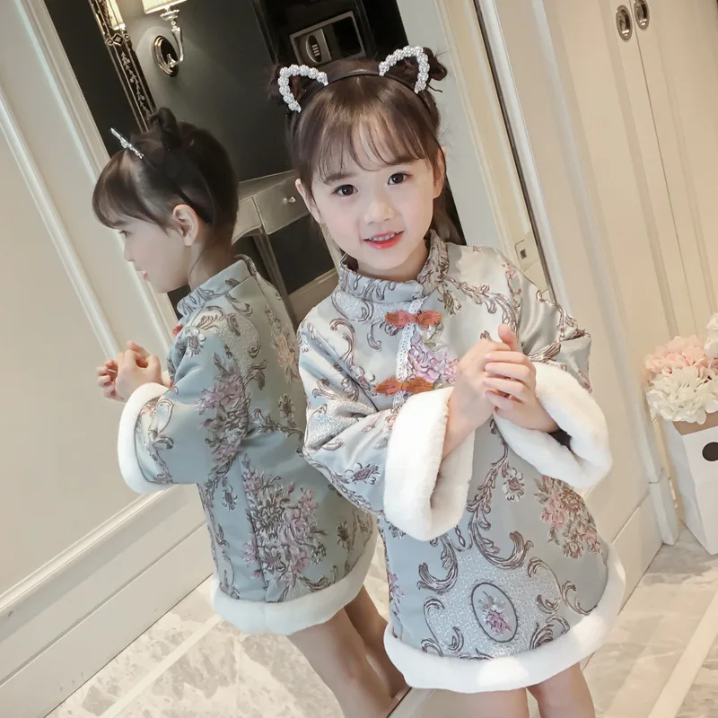 winter thick cheongsam china tang chinese children traditional ancient folk costume age 2-7 yrs little girl long sleeve dress | Детская