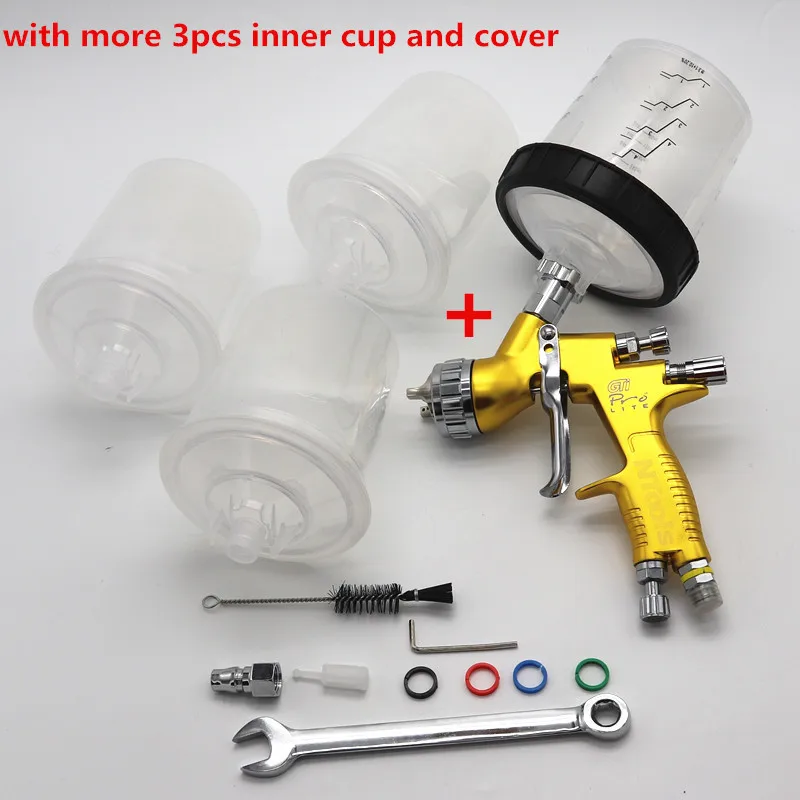 1 tank 3pcs inner Профессиональный пистолет-распылитель GTI pro lite с золотым рисунком, 1,3 мм, насадка-распылитель с 3 шт., быстроразъемный резервуар для Смешивания Краски - Цвет: 1 tank 3pcs inner