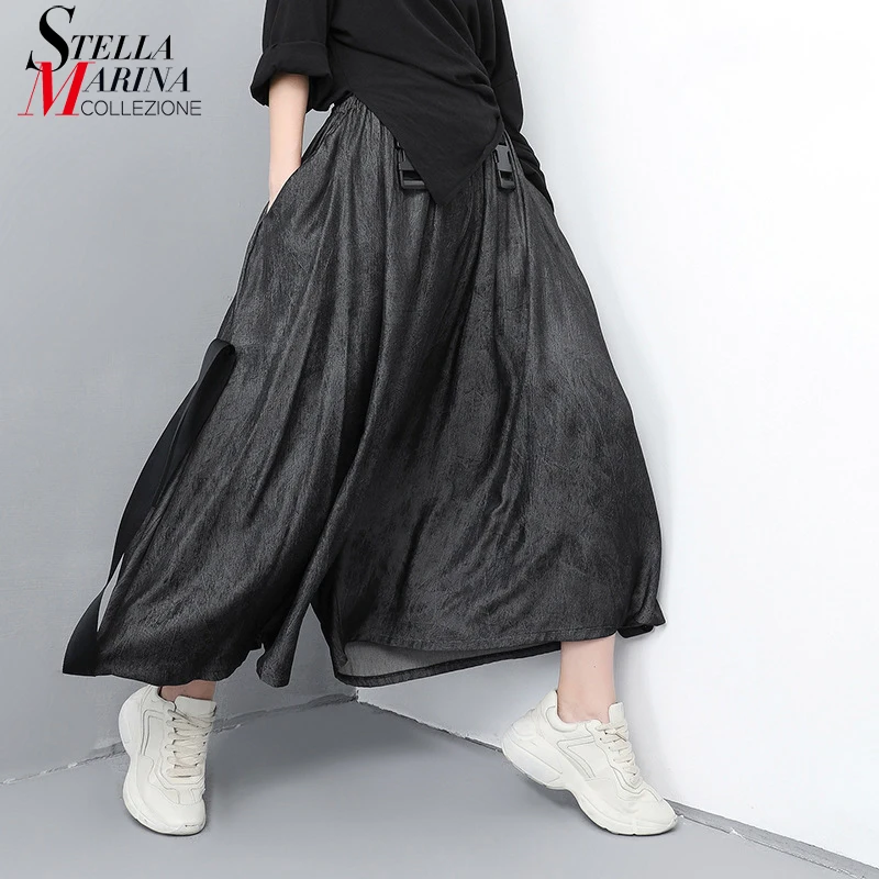 2019 корейский стиль женские длинные черные широкие штаны с лентой блестящие