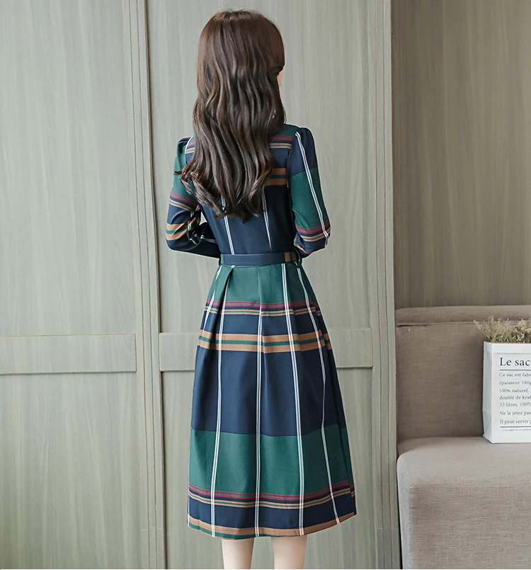 Женское клетчатое платье с поясом Элегантное Длинное офисное длинным рукавом и