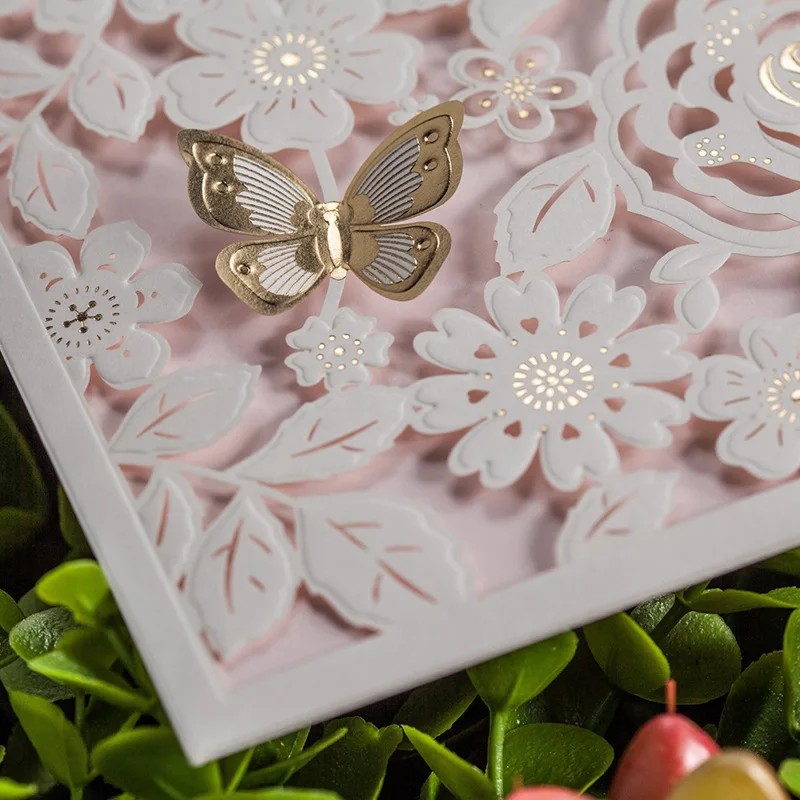 Лазерная Резка Белый Цвет Свадебные Приглашения Карты 3D бабочка цветок