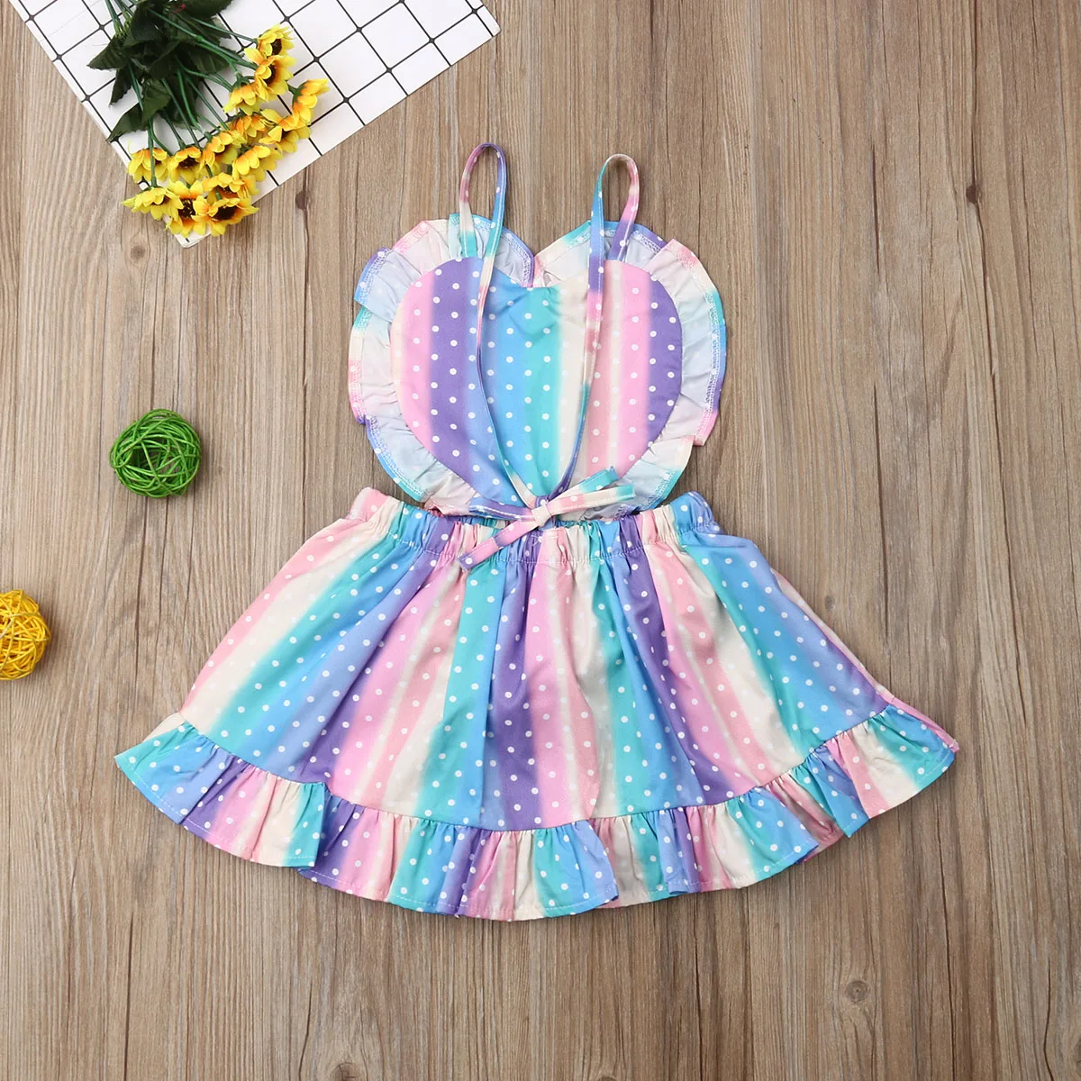 Cute Toddler Baby Girls 1-5Y Dress Love Colorful Rainbow Striped Ruffles Strap Romper Summer Outfit Clothes | Детская одежда и