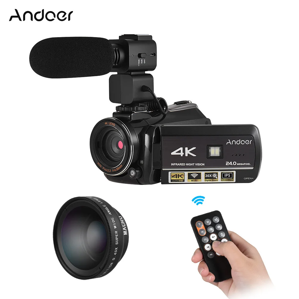 Профессиональная видеокамера Andoer 4K профессиональная с Экстра 0.39X широкоугольным