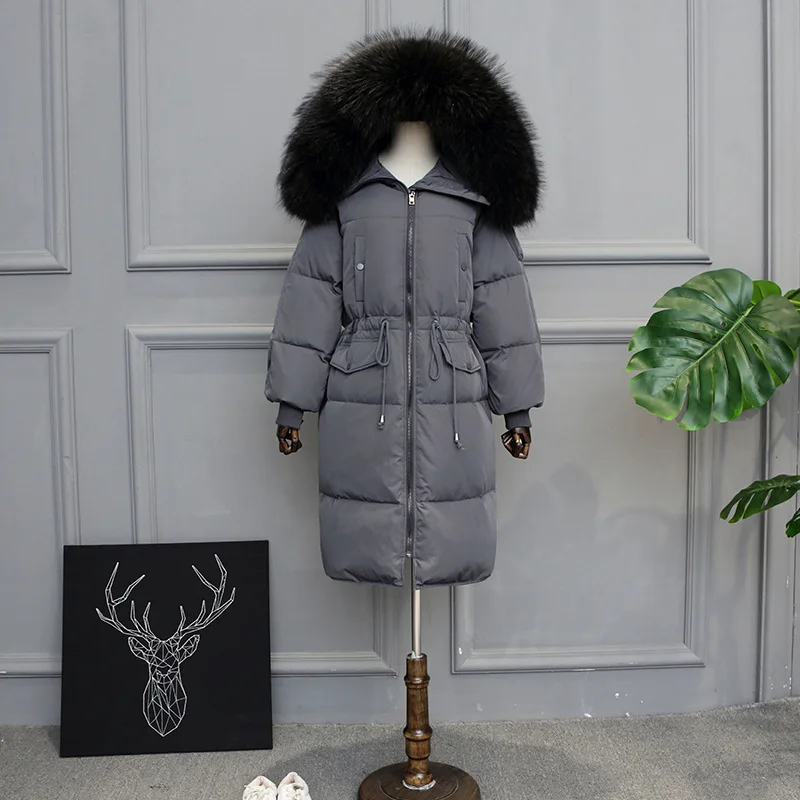 Grey qingzhen fur Воротник из меха енота, свободная куртка из гусиных перьев, Женское зимнее пуховое пальто размера плюс, длинная парка, женская теплая верхняя одежда Okq035 - Цвет: Grey qingzhen fur