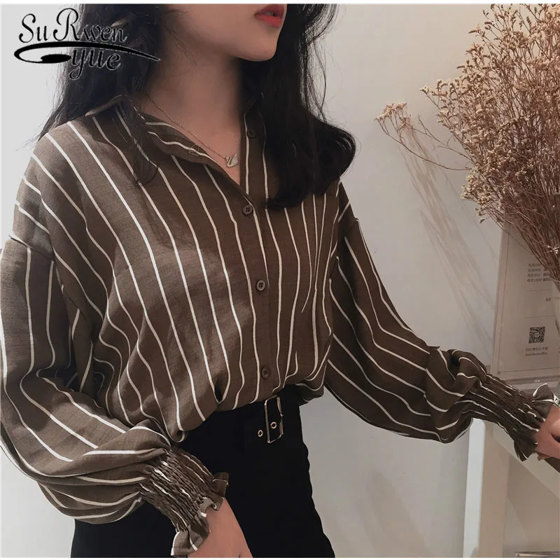 Повседневная Женская блузка в полоску с длинным рукавом Новинка осени 2018 женские