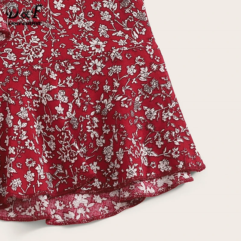Dotfashion Женская облегающая юбка с цветочным принтом и рюшами на подоле, с бантом,, Boho, летние повседневные женские юные модные асимметричные юбки