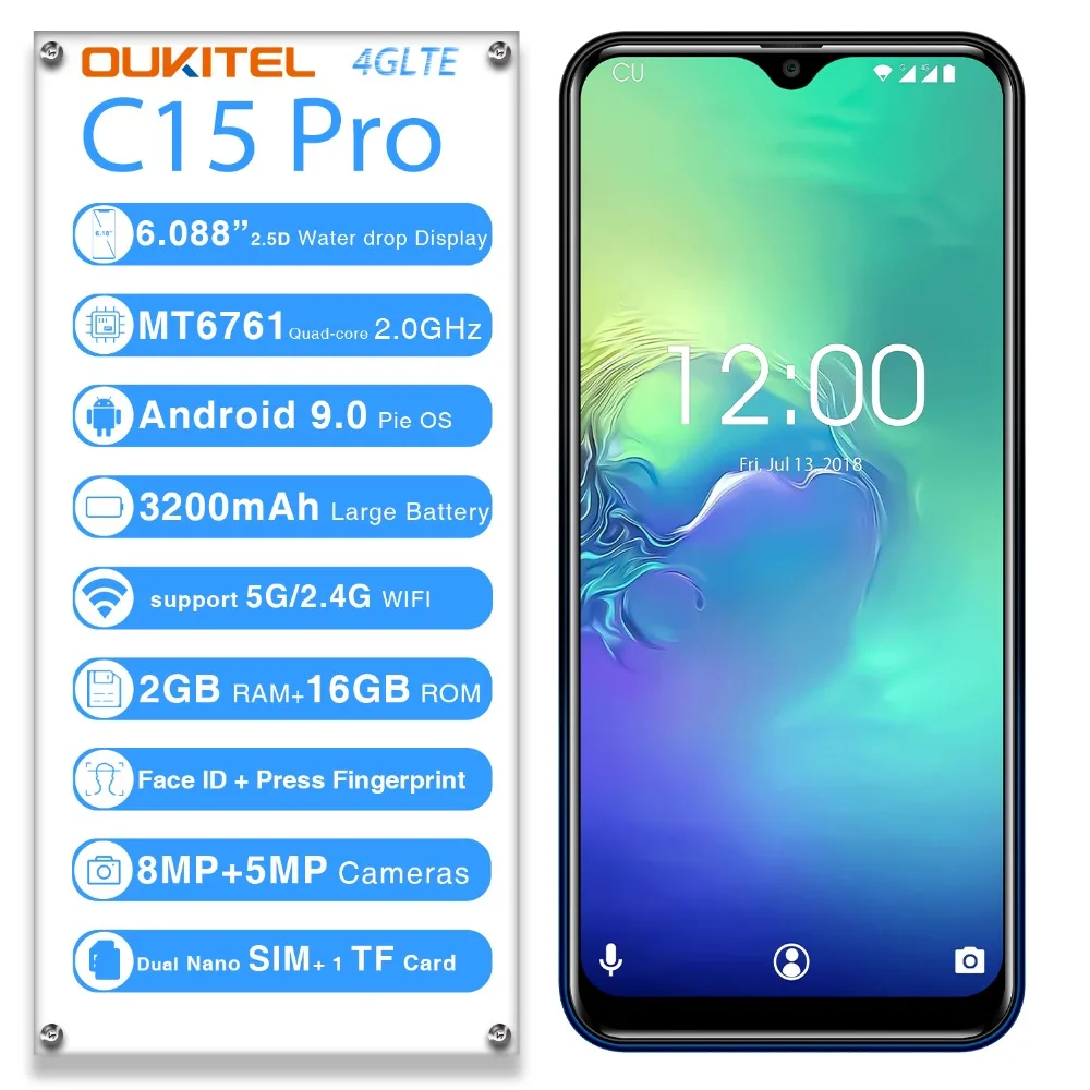 OUKITEL C15 PRO 6 088 "FHD 19:9 смартфон с четырёхъядерным процессором MT6761 ОЗУ 2 Гб ПЗУ 16 ГБ 4