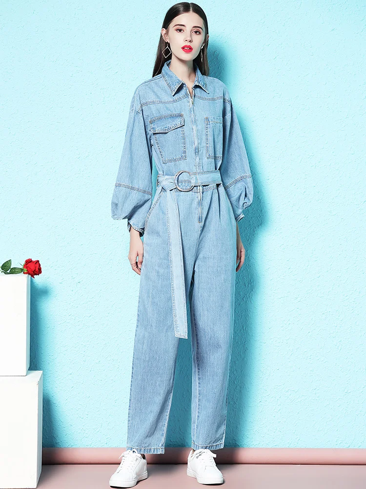 TIYIHAILEY Free Shipping Safari Style 3/4 Lantern Sleeve Women Denim Jumpsuit And Rompers S-2XL Spring Autumn Trousers With Belt