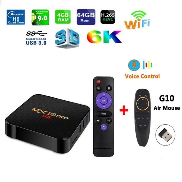 MX10 Pro 6k tv box Android 9,0 Allwinner H6 Четырехъядерный 4 ГБ 32 ГБ 64 Гб 2,4G WiFi USB3.0 Поддержка 6K* 4K H.265 Смарт медиаплеер - Цвет: 4G 64G G10