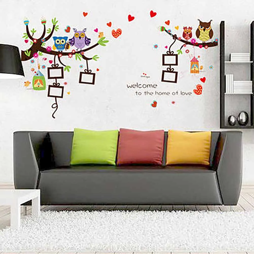 Древо любви с сердечками Сова фото наклейки на стену в раме Съемные Виниловые