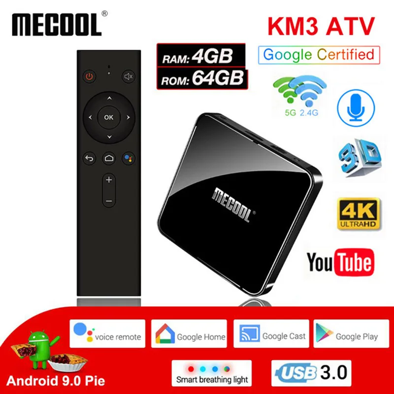 ТВ приставка MECOOL KM3Amlogic S905X2 Android 9 0 4 Гб DDR4 ОЗУ 64 ПЗУ Bluetooth 1 2 4G + 5g Wi Fi голосовое