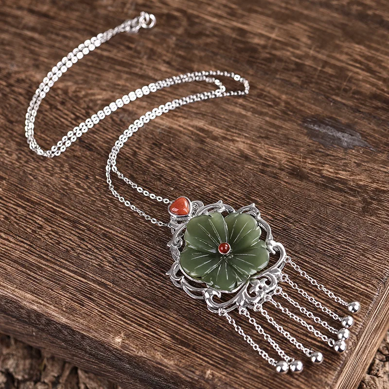 Polaroid S925 Pure Silver tassel Natural Hotan Jade Plum Blossom Pendant Retro Baitao Women's Necklace Wholesale | Украшения и