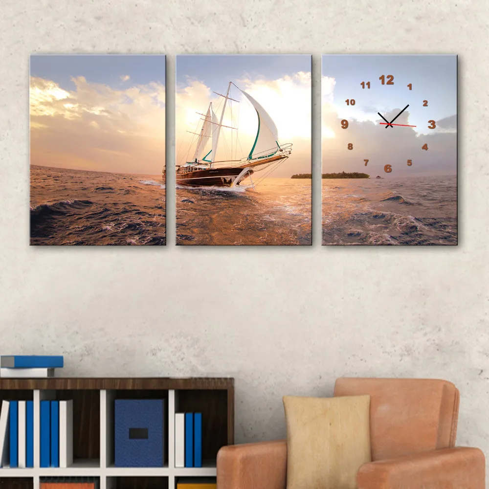 3 шт. Лодка на море с часами современная настенная Картина холсте рисунком для