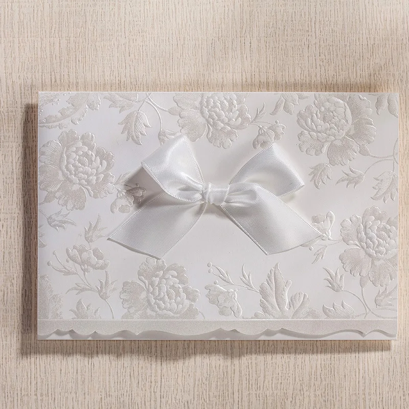 Белый Цвет цветочный дизайн свадебные приглашения карты с белой лентой|wedding