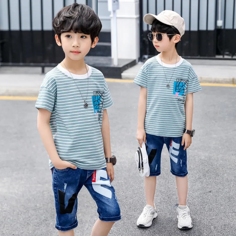2019 Toddler Boy Summer Clothes Big Boys Boutique Kids Clothing Set Suits Children Outfits Striped T-shirts + Denim Shorts |