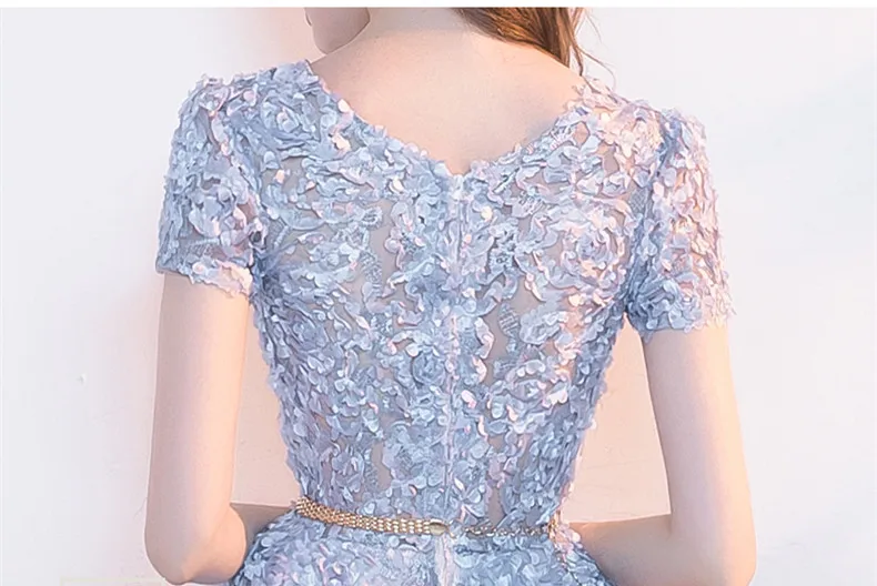 Женское вечернее платье сорие новое серое короткое Кружевное с круглым вырезом и