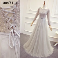 janevini dubai light gray pearls ladies wedding party dresses for women long sleeve lace tulle bridesmaid dresses girl jurk lang