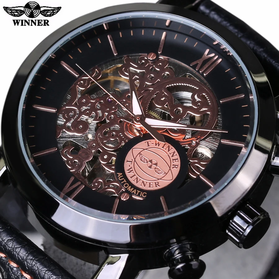 

Winner Retro Rose Golden Skeleton Black Watch Automatic Men Genuine Leather Mechanical Wristwatch Men Watch Top Brand Luxury