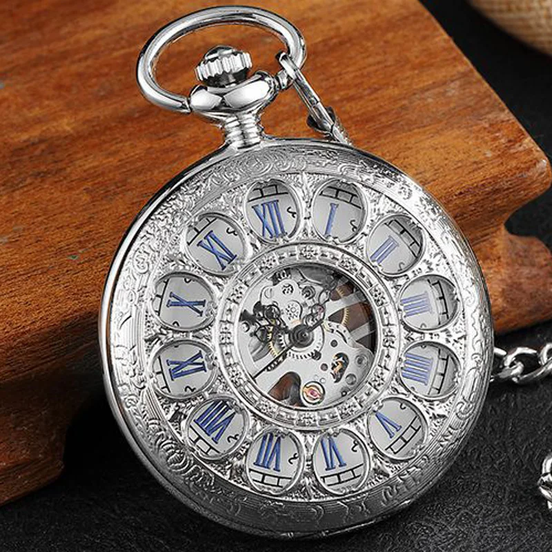 

Luxury Blue Roman Numerals Mechanical Pocket Watch Retro Hollow Skeleton Fob Watch Pendent Steampunk Men's Women's Gift