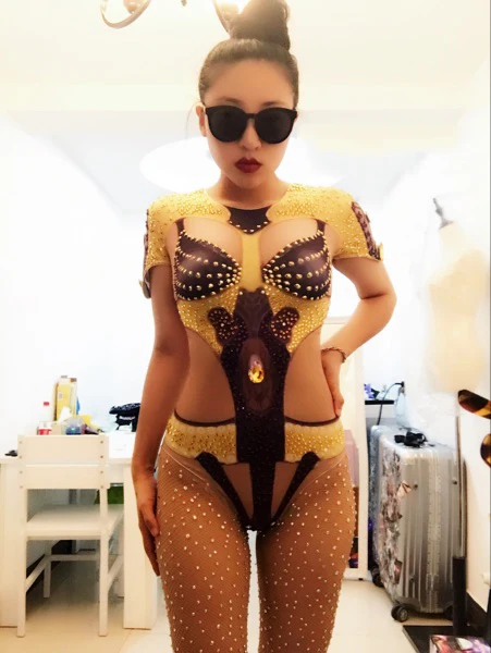 Women New Sexy Printed Sparkly Gold Rhinestones Bodysuit Leotard Jumpsuit Nightclub DJ Lady Singer Dance Wear Party Show Costume