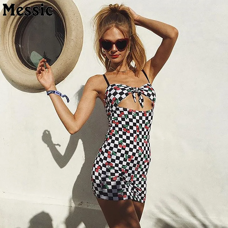 Messic клетчатый плед с принтом вишни облегающее платье мини Для женщин Лето 2018