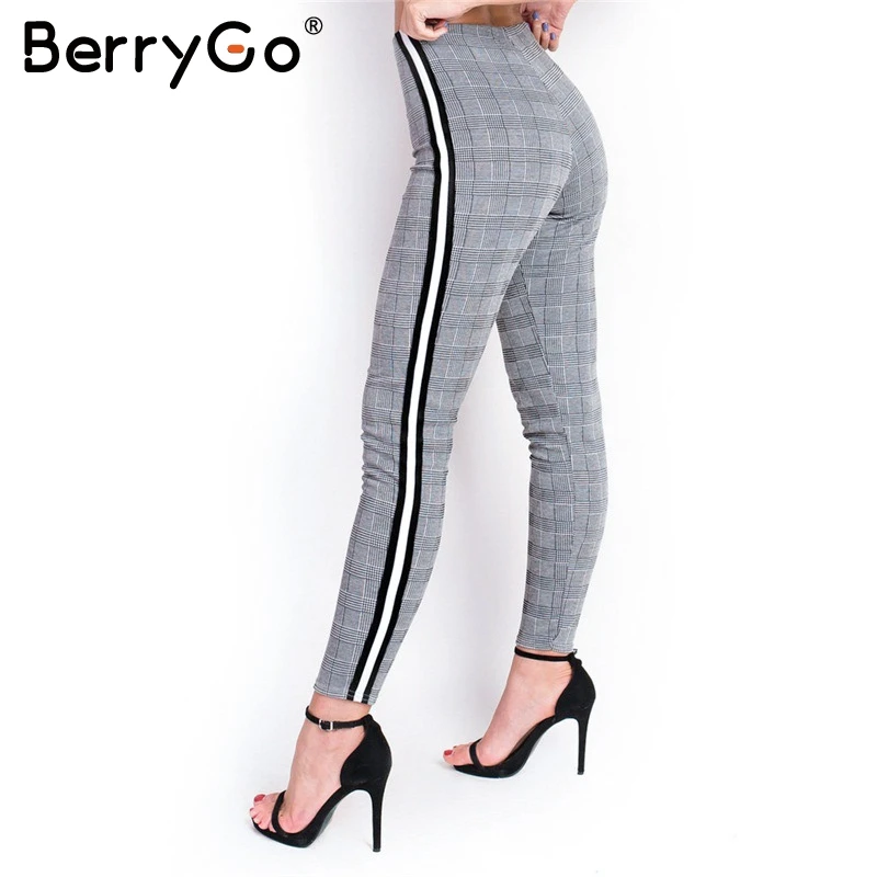 BerryGo Хаундстут боковая полоса брюки женские Винтажные эластичные клетчатый