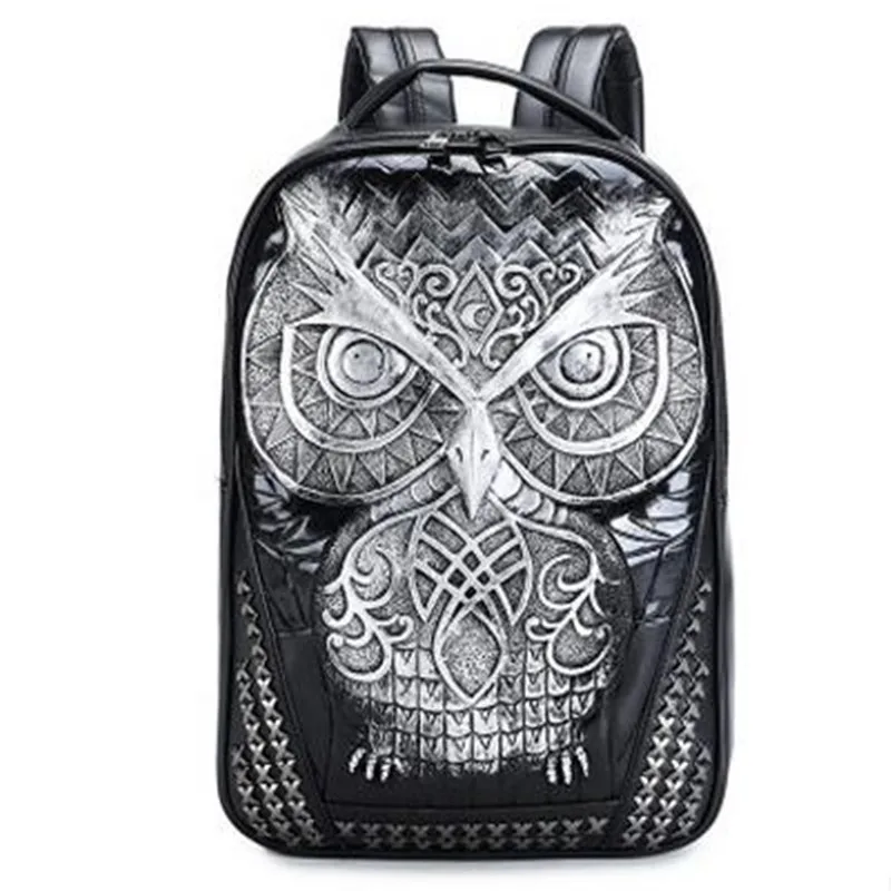 PU мужской кожаный рюкзак уникальный Путешествия 3D панк заклепки Сова Печать