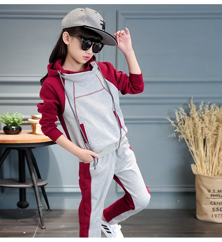 Весенне осенний модный спортивный костюм с капюшоном для девочек комплект