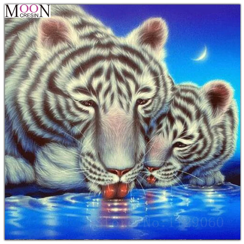 

MOONCRESIN Diy Diamond Painting Cross Stitch Tiger & His Son Eating Diamond Mosaic Full Round Diamond Embroidery Decoration Gift