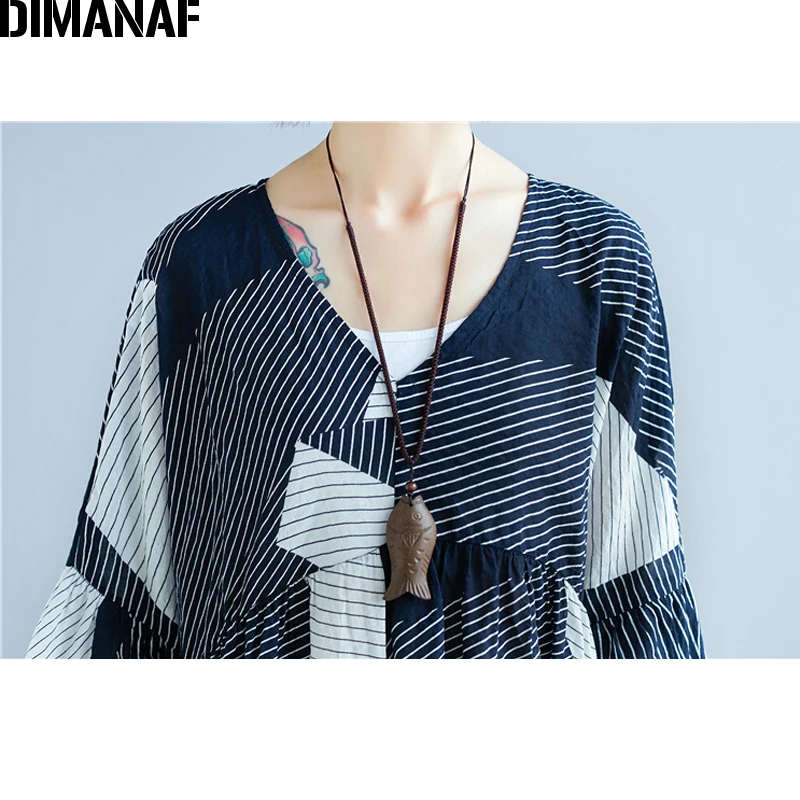 

DIMANAF Women Summer Blouse Shirts Plus Size Loose Female Office Lady Tops Casual Print Striped Spliced 2018 Oversized Clothing