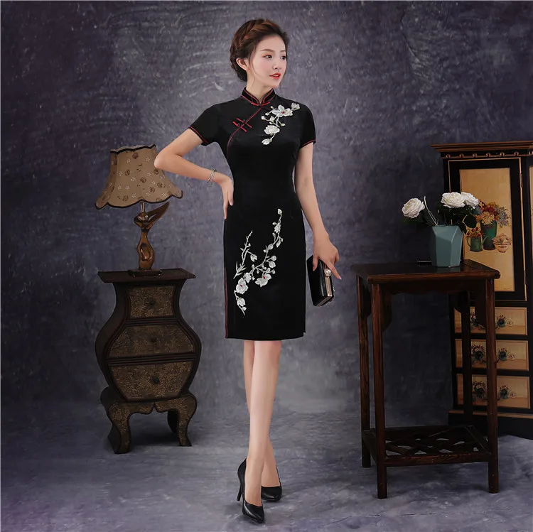 Китайский женский Qipao по колено Cheongsam Для женщин традиционный бархат вечернее