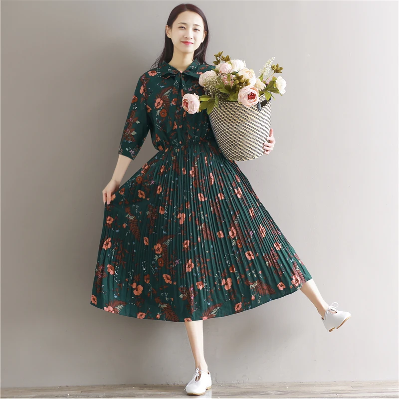 

2019 Leisure loose Chiffon Spring Autumn Women Dresses Plus Size Stand Collar Bow Long Print Pleated Dress aa716
