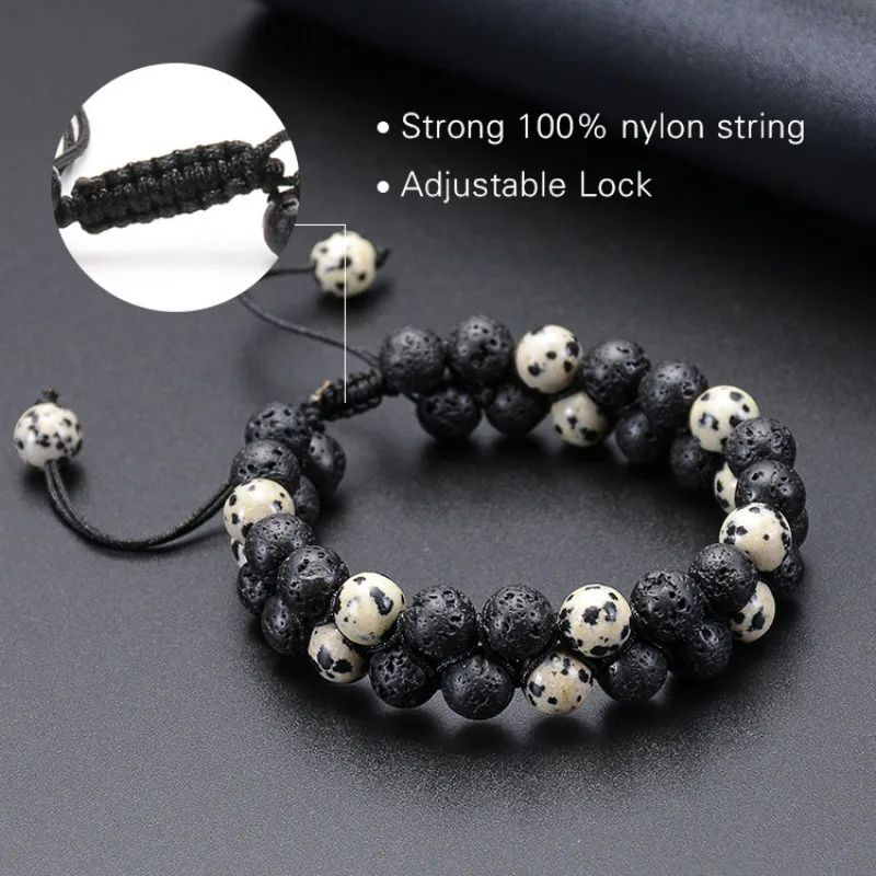 8mm Energy Lava Volcanic Stone Double Row Men's Bracelet Jewelry Accessories Beaded Strand Charm &amp Bangle Adjustable | Украшения и