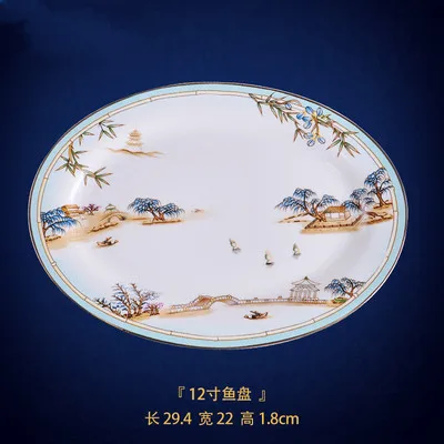 12 inch fish plate Китайский стиль роскошный фарфор обеденные тарелки креативные керамические Западное озеро Столовый Текстиль для отеля набор столовых приборов декоративная плоская тарелка для стейка - Цвет: 12 inch fish plate