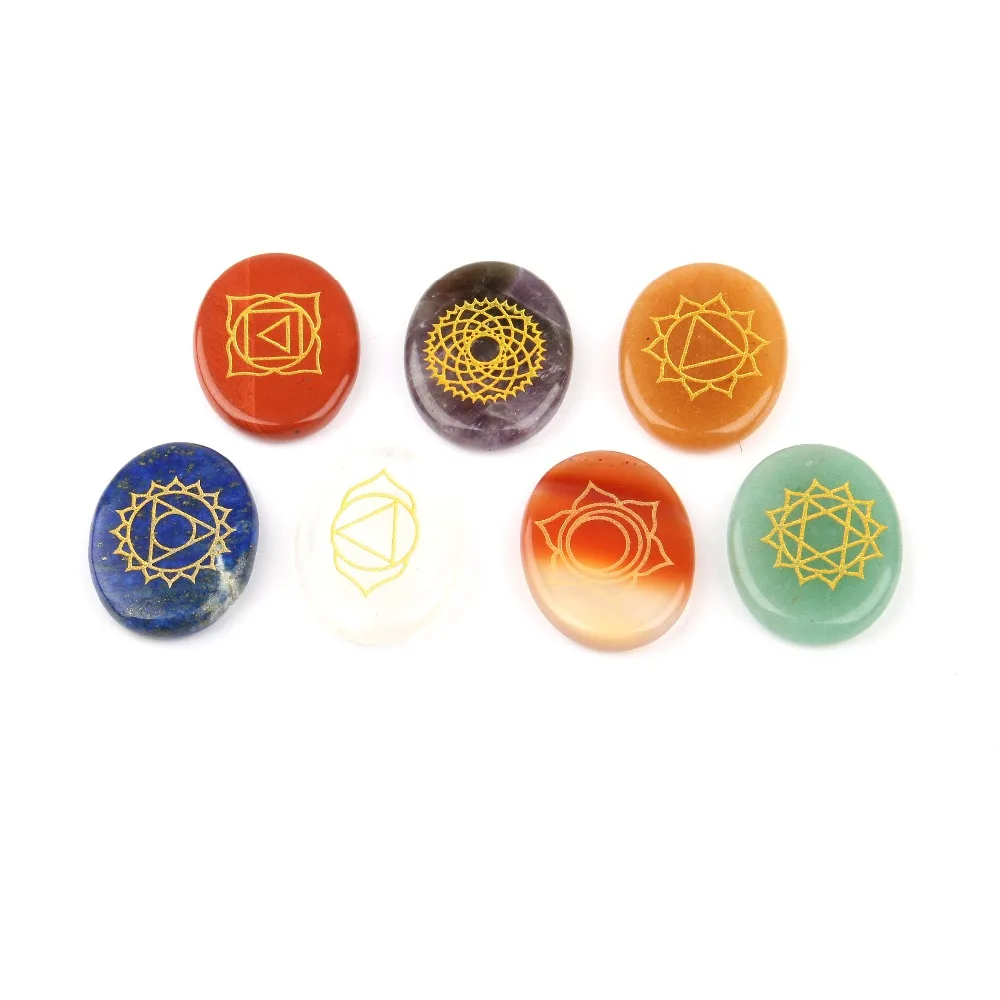 

7 PCS Chakra Stones lapis lazuli 2.7*2.3 MM Engraved Symbols Polished Palm Stone Reiki Crystal Healing Natural Stone Divination