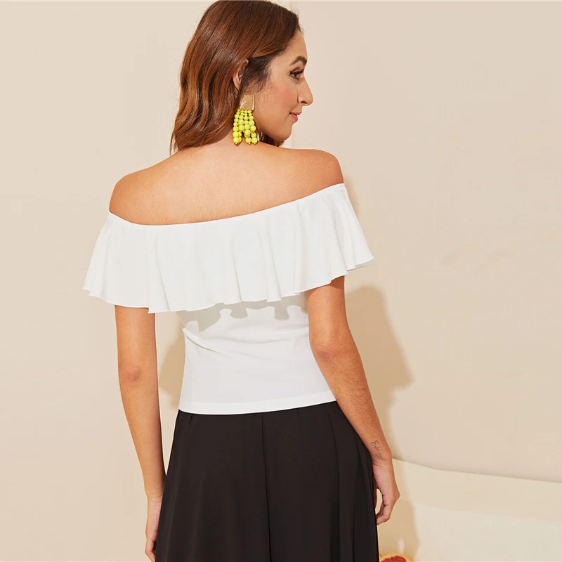 SHEIN элегантный белый Волан с открытыми плечами Приталенный топ Однотонная футболка женская летняя без рукавов основы тонкая футболка Топы