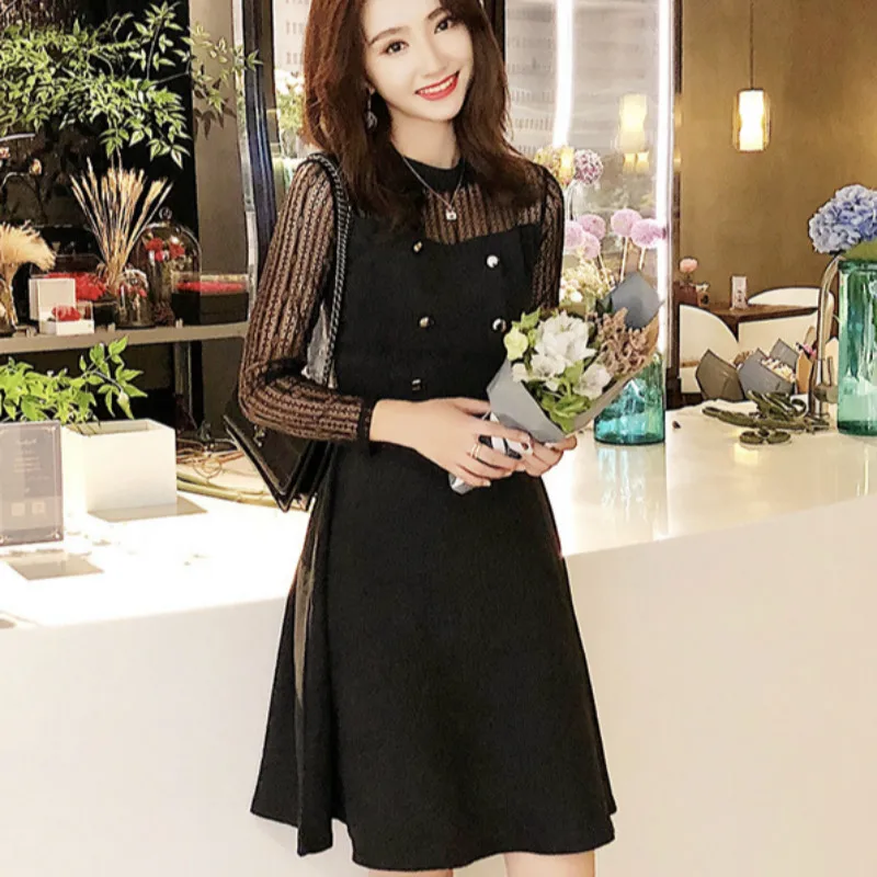 Женское ТРАПЕЦИЕВИДНОЕ ПЛАТЬЕ Осеннее черное платье с длинным рукавом и круглым